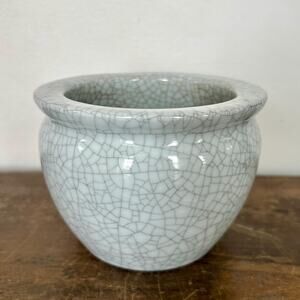Vintage Asian Ceramic Planter | Small Grey Blue Pot with Crazing